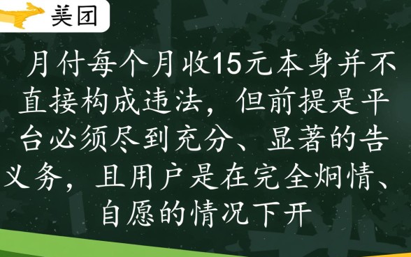美团月付每个月收15元违法吗,美团月付乱收费怎么投诉 美团月付每个月收15元违法吗