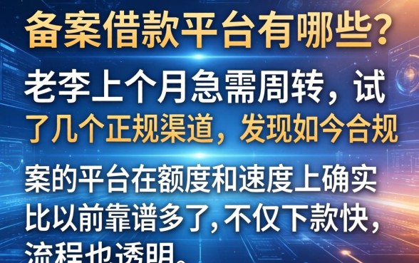 备案借款平台有哪些？老李上个月急需周转，试了几个正规渠道，发现如今合规备案的平台在额度和速度上确实比以前靠谱多了，不仅下款快，流程也透明。