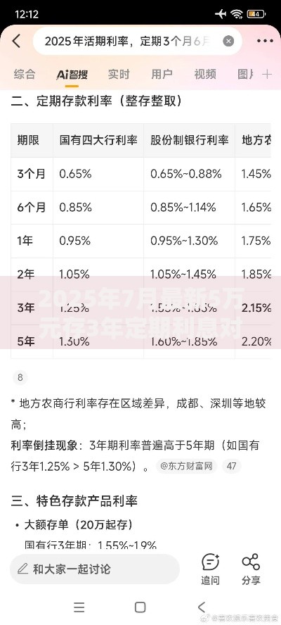 2025年7月最新5万元存3年定期利息对比：哪家银行收益最高