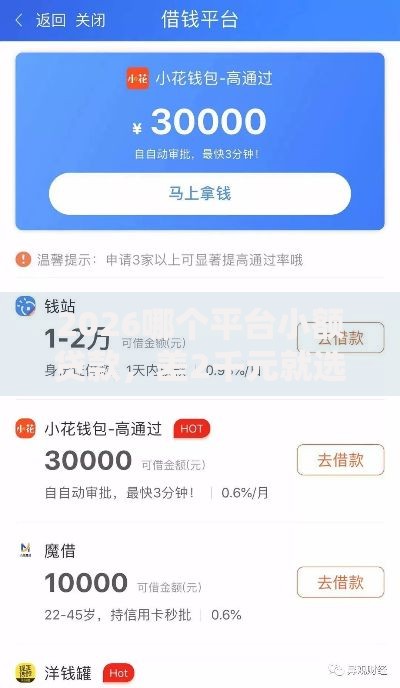 2026哪个平台小额贷款，差2千元就选这7个平台
