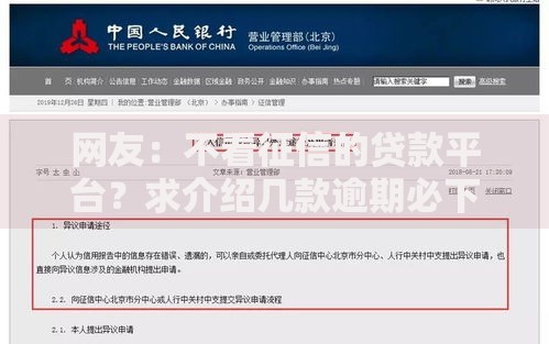 网友：不看征信的贷款平台？求介绍几款逾期必下款的口子